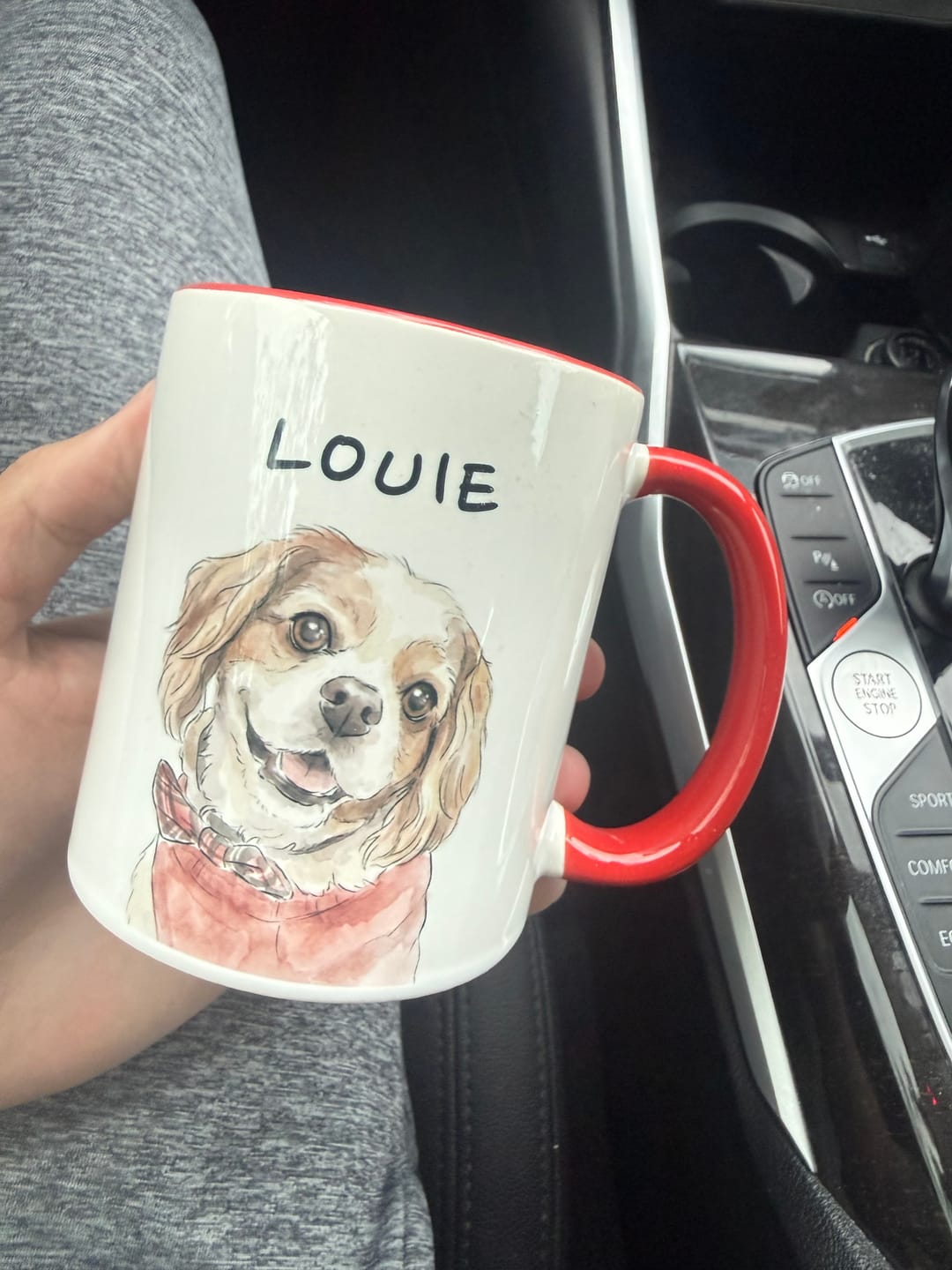 Louie portrait printed on a red mug