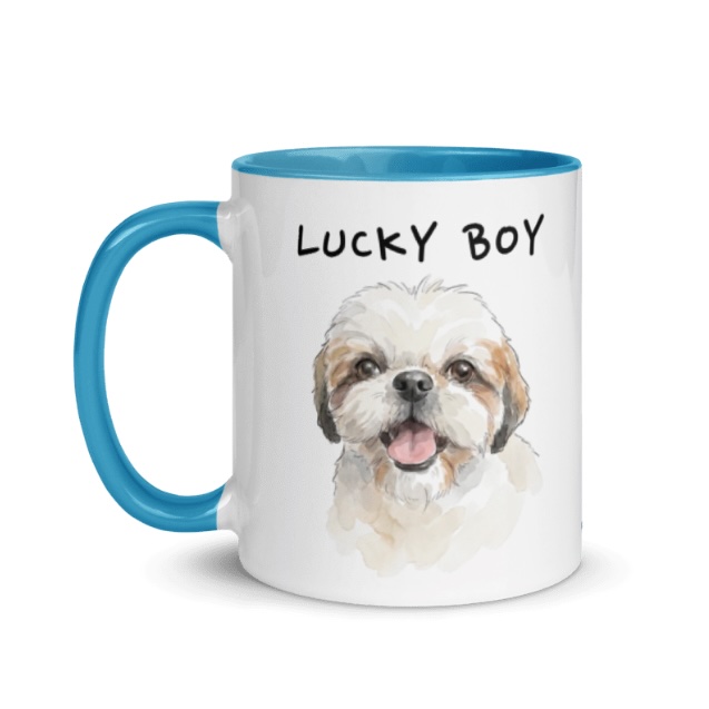 Watercolor portrait of Lucky Boy the dog on a blue-handled mug