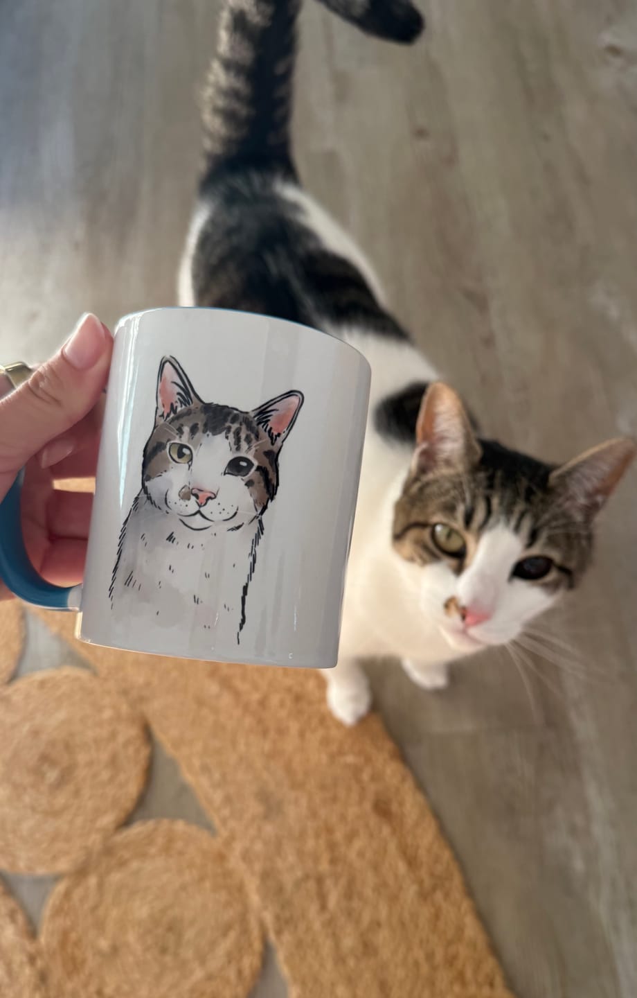 Blue-handled mug with a cat portrait held next to the real cat