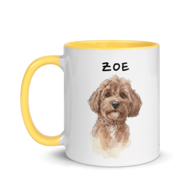 Watercolor portrait of Zoe the dog on a yellow-handled mug