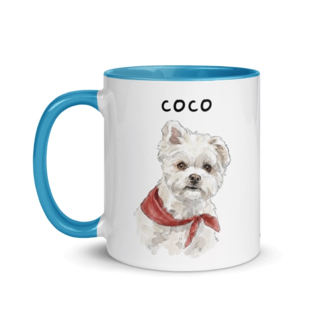 Watercolor portrait of Coco the dog on a blue-handled mug