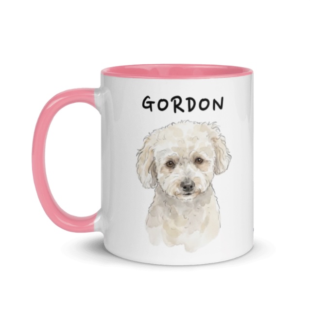 Watercolor portrait of Gordon the dog on a pink-handled mug