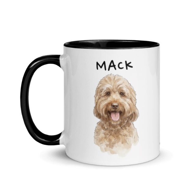 Watercolor portrait of Mack the dog on a black-handled mug