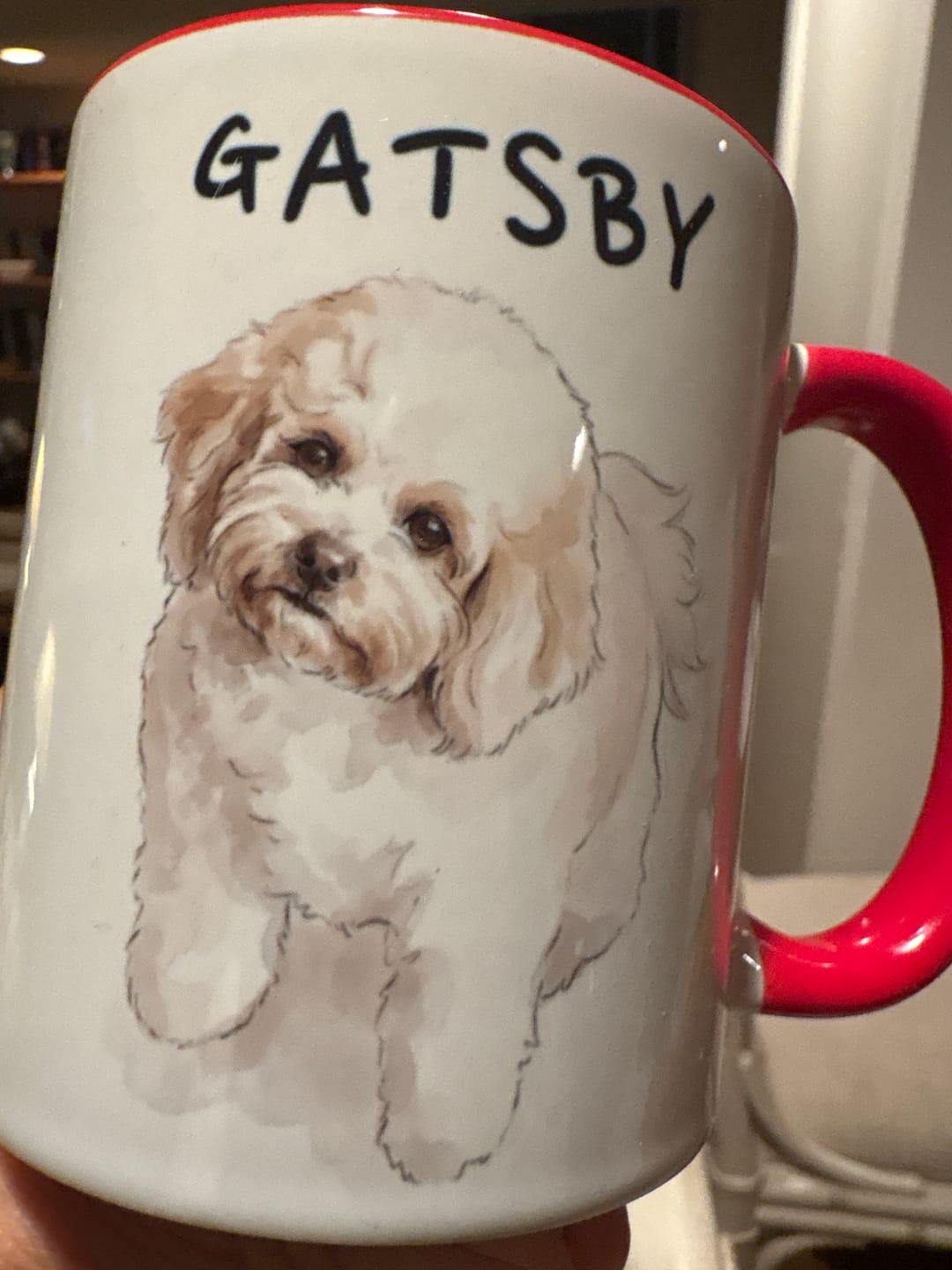 Gatsby portrait printed on a red mug