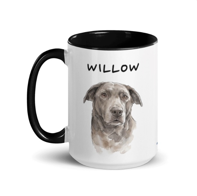 Watercolor portrait of Willow the dog on a black-handled mug