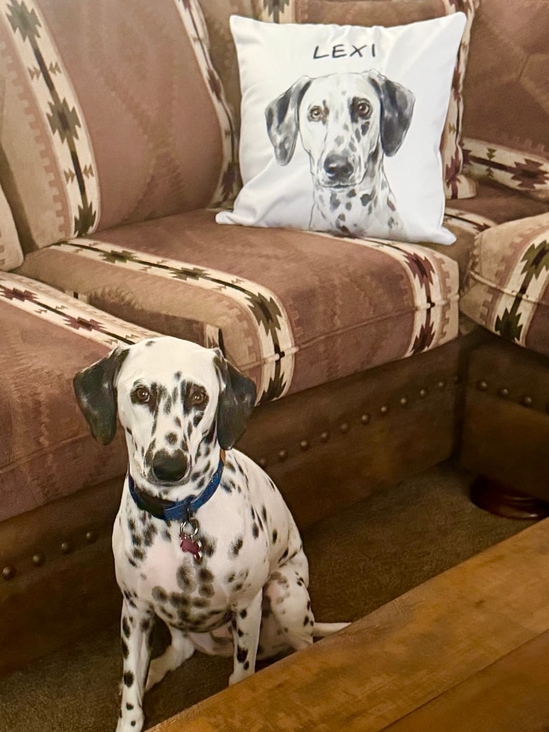 Lexi the Dalmatian with a pillow printed with her portrait