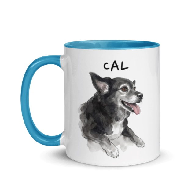 Watercolor portrait of Cal the dog on a blue-handled mug